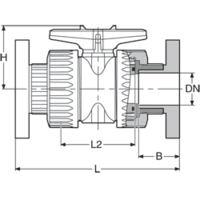 PP-H ball valve, 2-way, double union,  with DIN* flanges