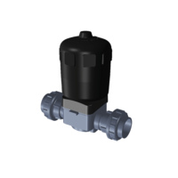 PVC-U diaphragm valve, double union, PVC-U metric sockets, equipped with double acting (DA) pneumatic actuator