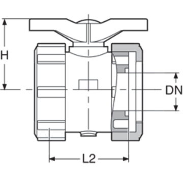 PVDF kulový ventil, 2-cestný, se šroubením, s převlečnými maticemi a o-kroužky, bez vložných dílů