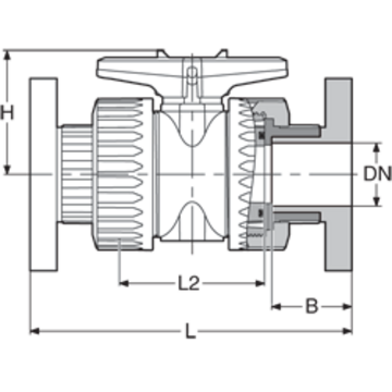 PP-H ball valve, 2-way, double union,  with ANSI* flanges