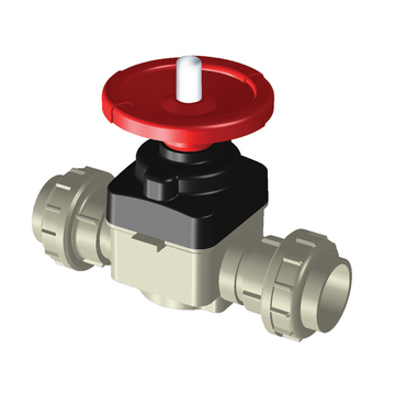 PP-H diaphragm valve, double union, PP-H metric sockets