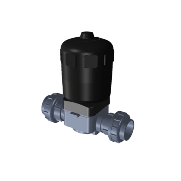 PVC-U diaphragm valve, double union, PVC-U metric sockets, equipped with double acting (DA) pneumatic actuator