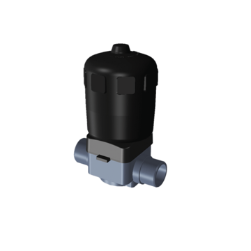 PVC-U diaphragm valve, PVC-U metric spigot outlets, equipped with double acting (DA) pneumatic actuator