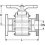PVDF kulový ventil, 2-cestný, uzamykatelný, sendvičová konstrukce, s DIN* přířubami