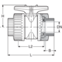 PP-H ball valve, 2-way, double union, PP-H BSP threaded sockets