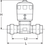 PVC-U diaphragm valve, double union, PVC-U metric sockets, equipped with double acting (DA) pneumatic actuator
